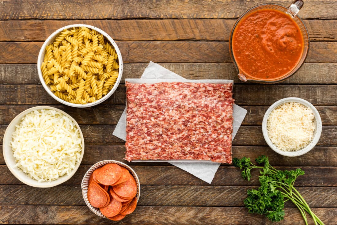Ingredients for Sausage & Pepperoni Pizza Casserole