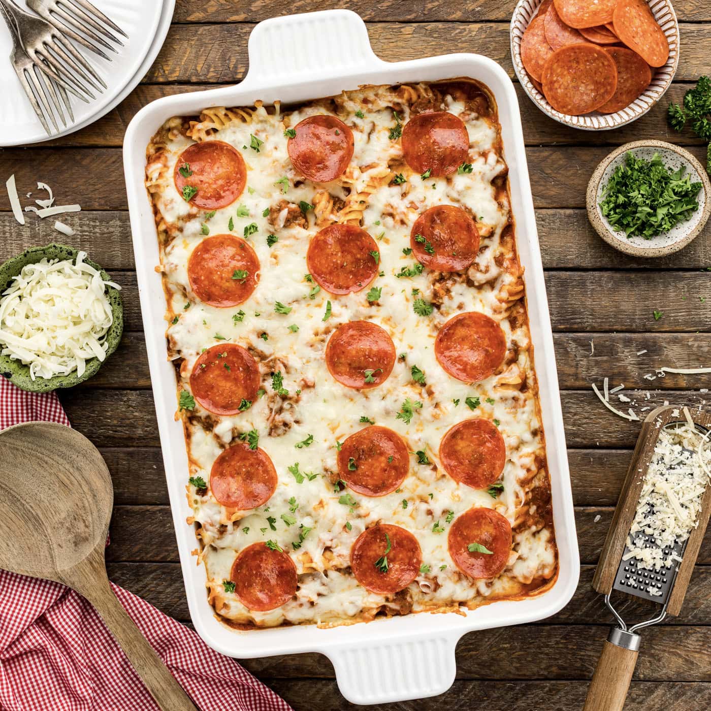 Sausage and Pepperoni Pizza Casserole - Amanda's Cookin' - Casseroles