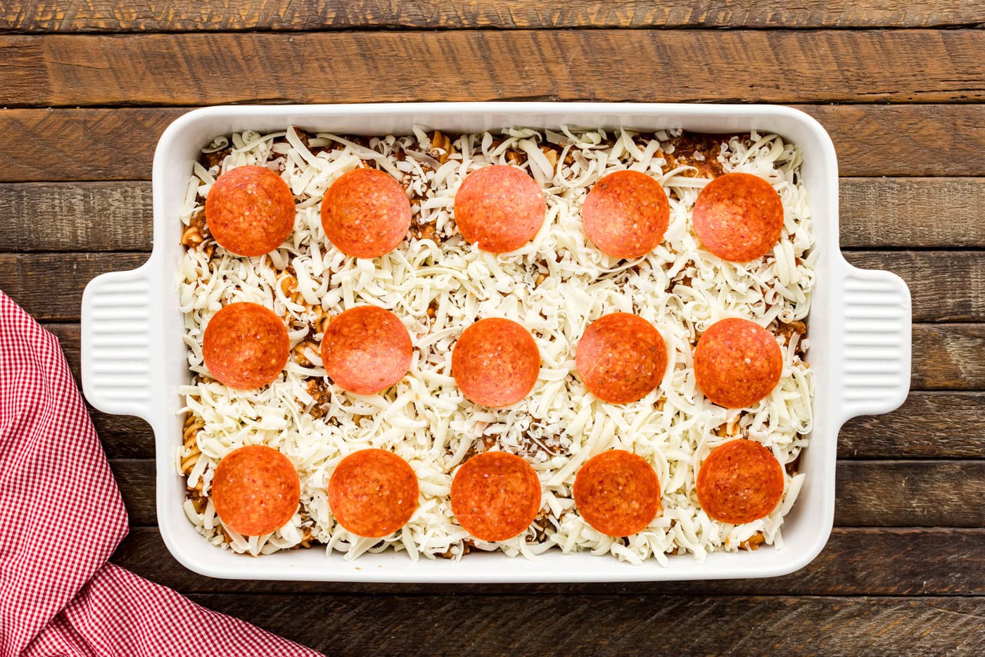 pepperoni slices on top of pizza casserole