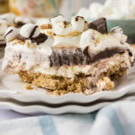Close up photo of a slice of S'mores Lasagna
