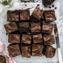 Close up photo of Fudge Frosted Espresso Brownies cut into squares