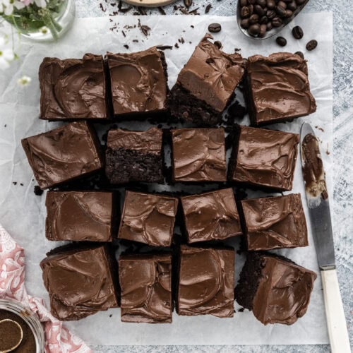 Close up photo of Fudge Frosted Espresso Brownies cut into squares