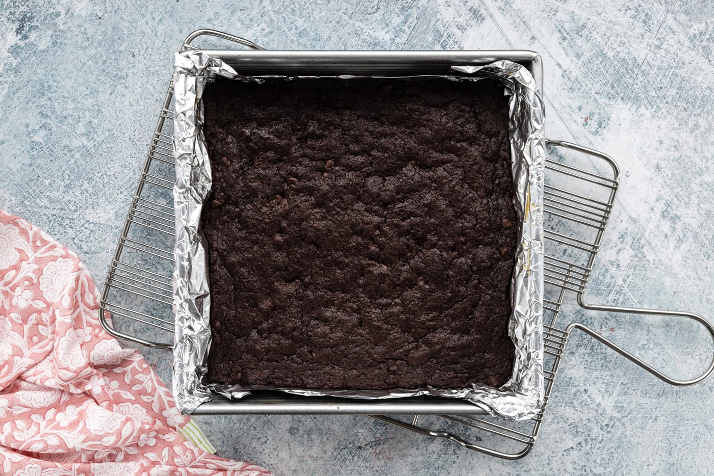 overhead shot of cooked brownies in a baking pan