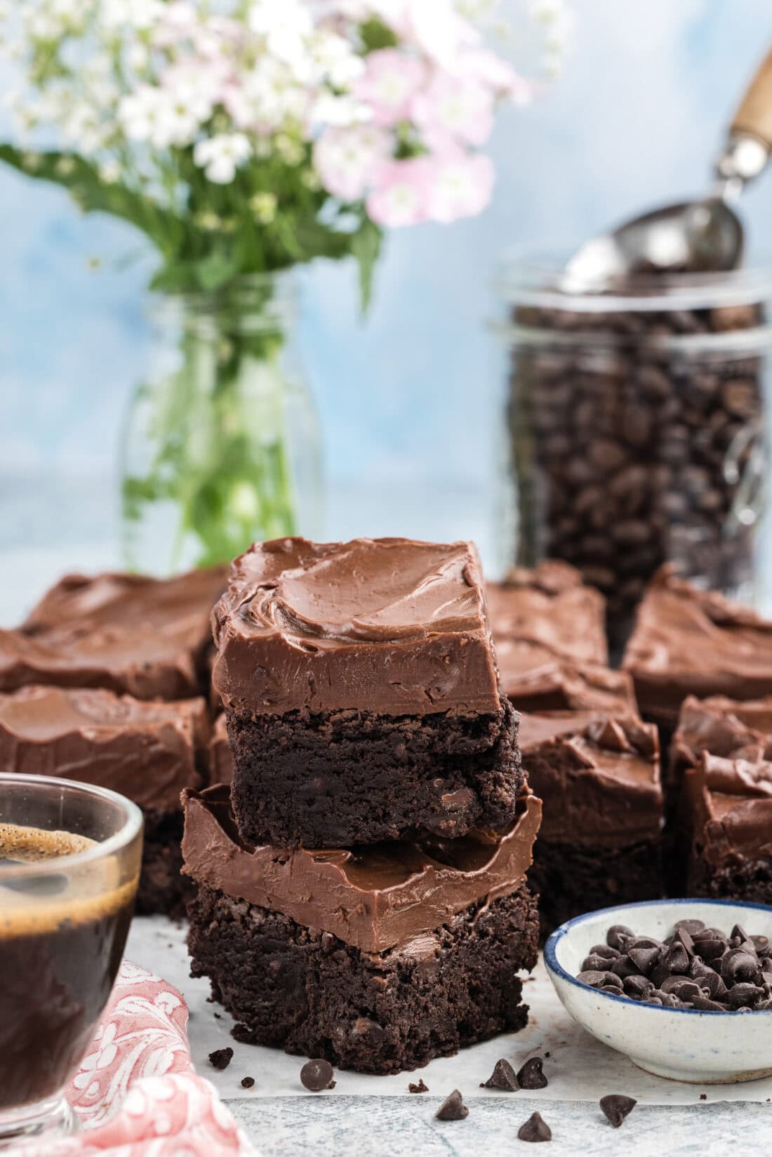 Stack of Fudge Frosted Espresso Brownies