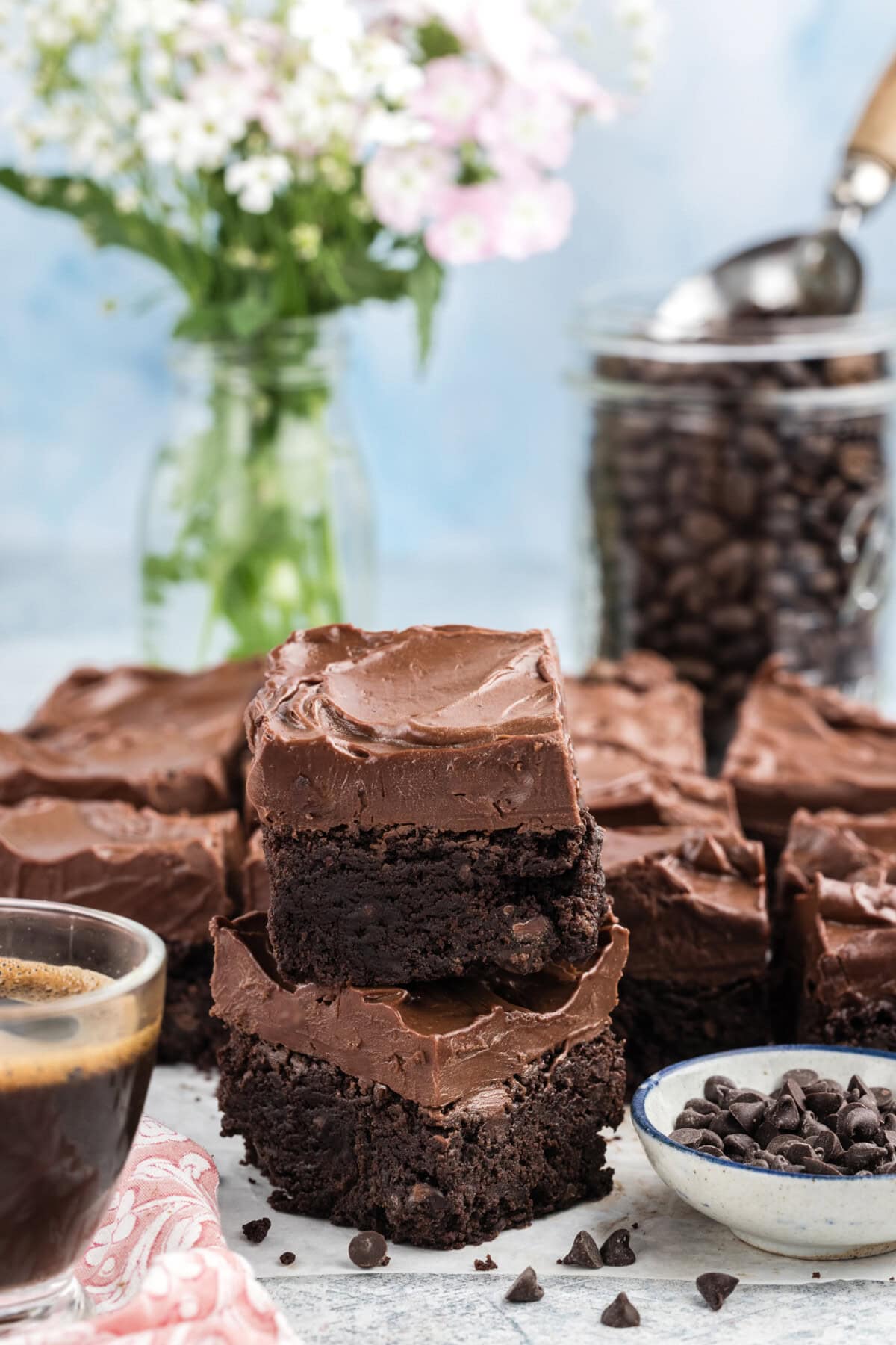 Stack of Fudge Frosted Espresso Brownies