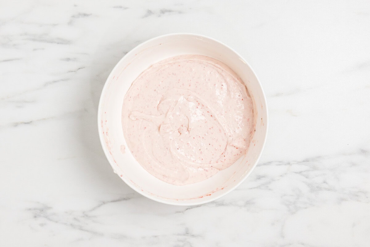 strawberry cheesecake batter in a bowl