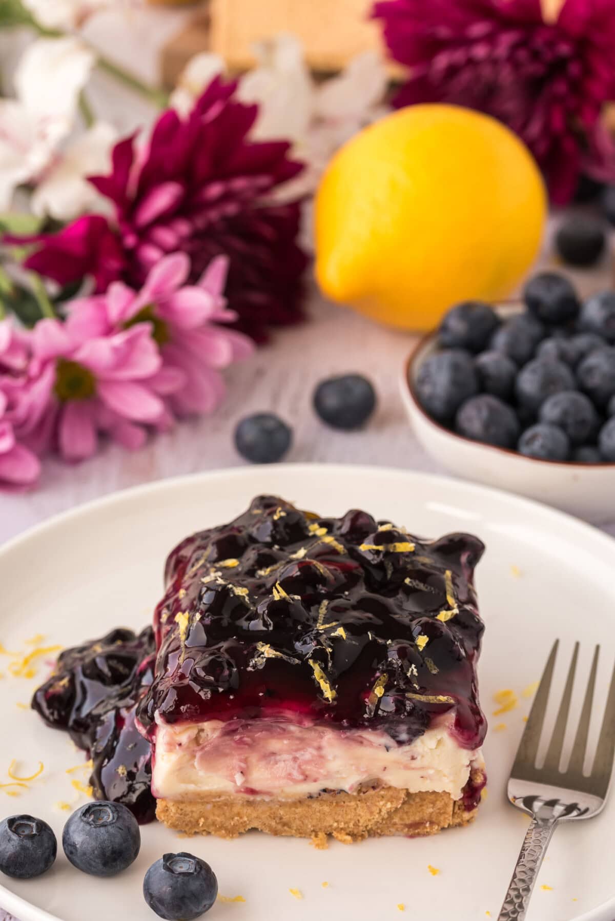 Slice of No Bake Blueberry Cheesecake on a plate