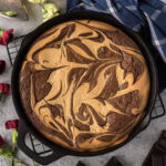 Close up photo of a Peanut Butter Marbled Brownie Skillet Pie