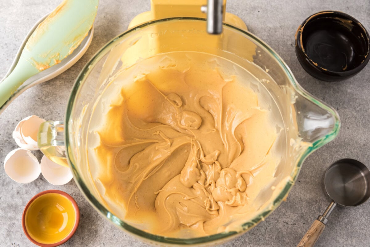 overhead shot of peanut butter cream cheese mixture in a bowl