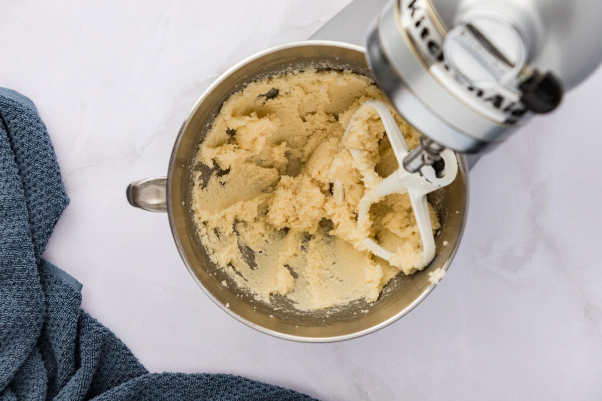 butter and sugar mixture beaten with a stand mixer until fluffy