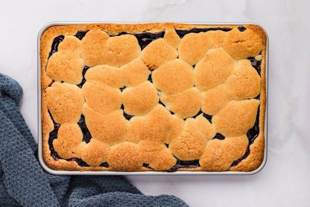 overhead of blackberry pie squares after being baked