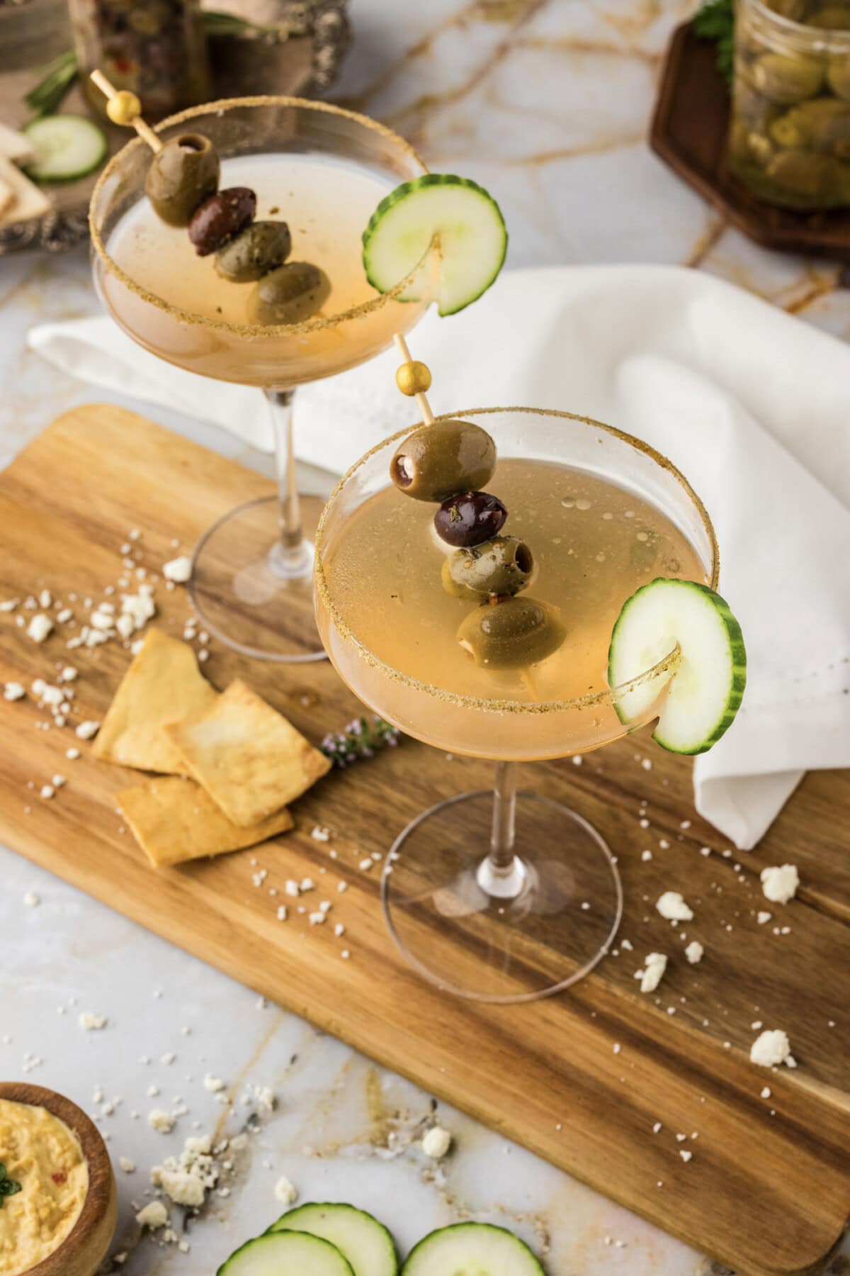 Overhead photo of two Dirty Greek Martinis
