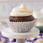 Close up photo of a cupcake topped with Marshmallow Frosting