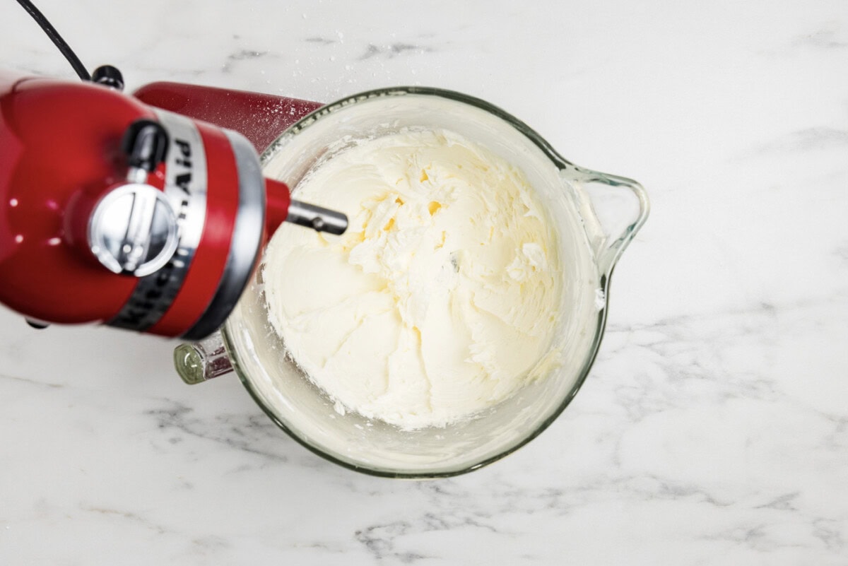 butter and powdered sugar mixture in a stand mixer bowl