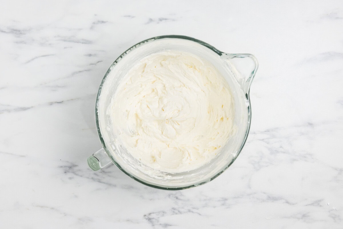 overhead shot of marshmallow frosting in a bowl