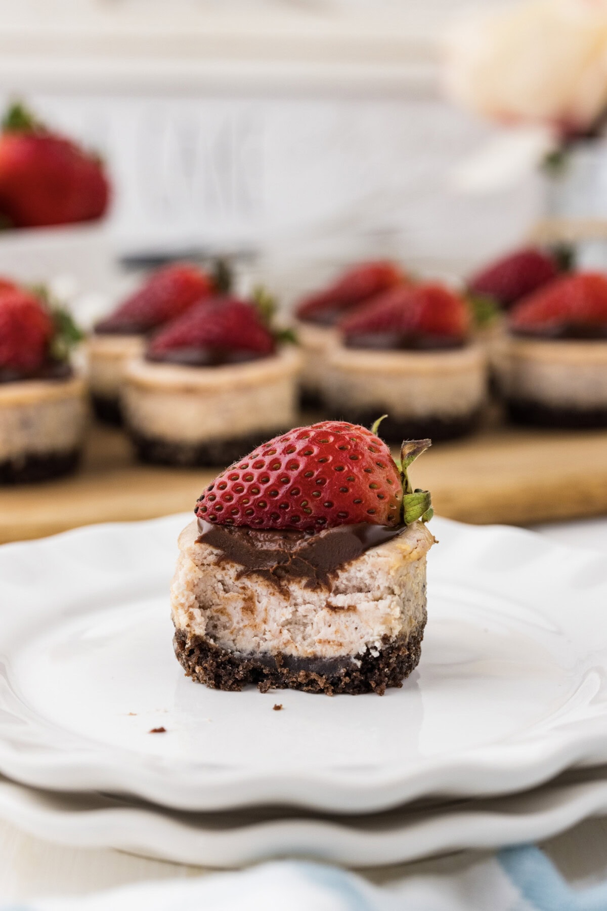Mini Strawberry Cheesecake on a white plate