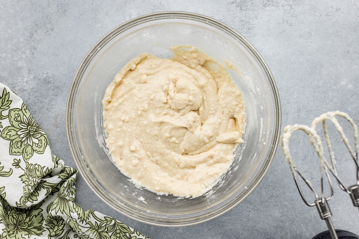 overhead shot of cobbler topping mixture in a mixing bowl