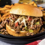 Close up photo of a Philly Cheesesteak Sloppy Joe