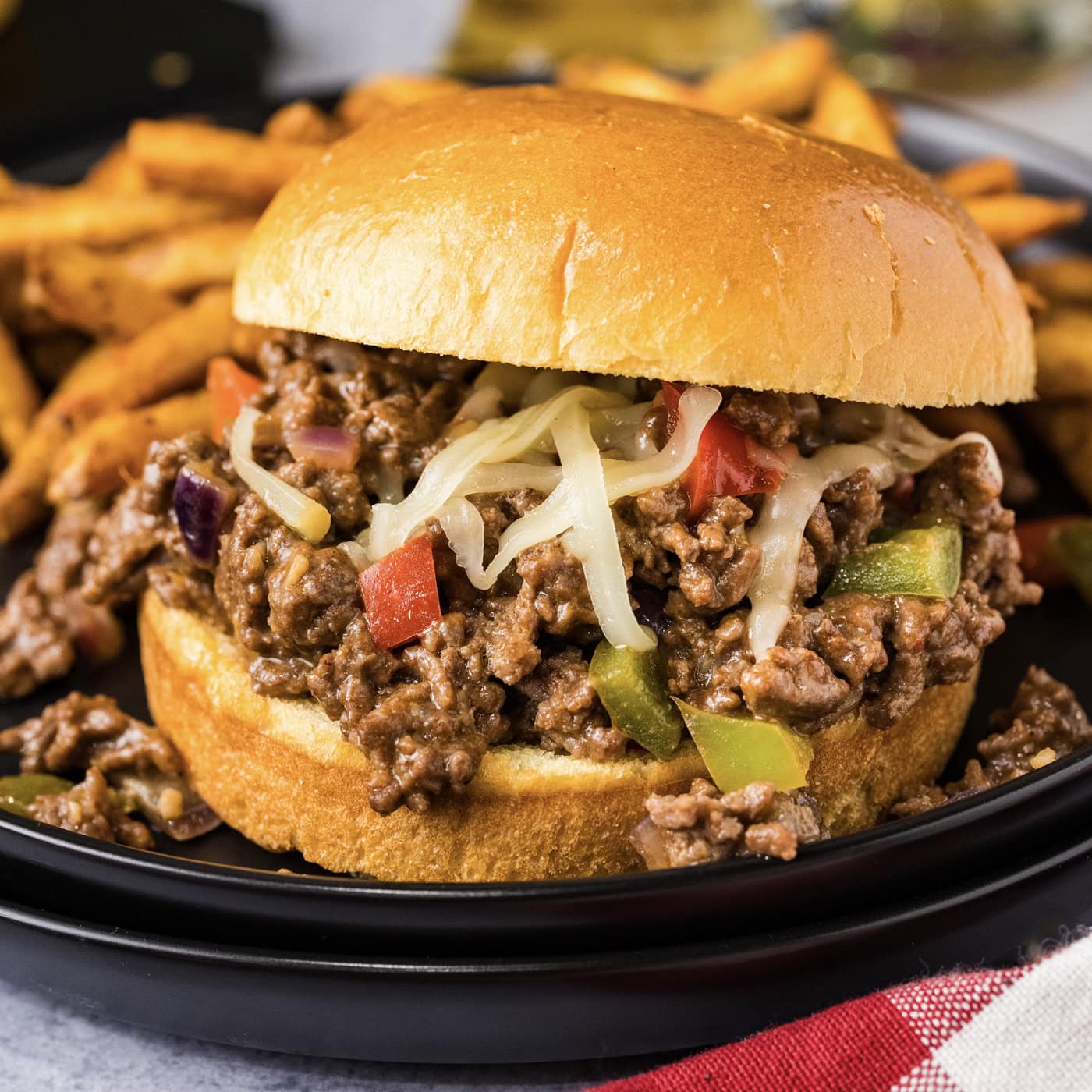 Close up photo of a Philly Cheesesteak Sloppy Joe