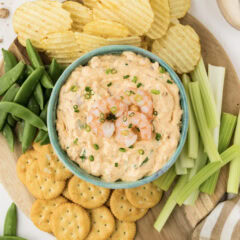 Close up photo of a bowl of Shrimp Dip surrounded by chips and veggies