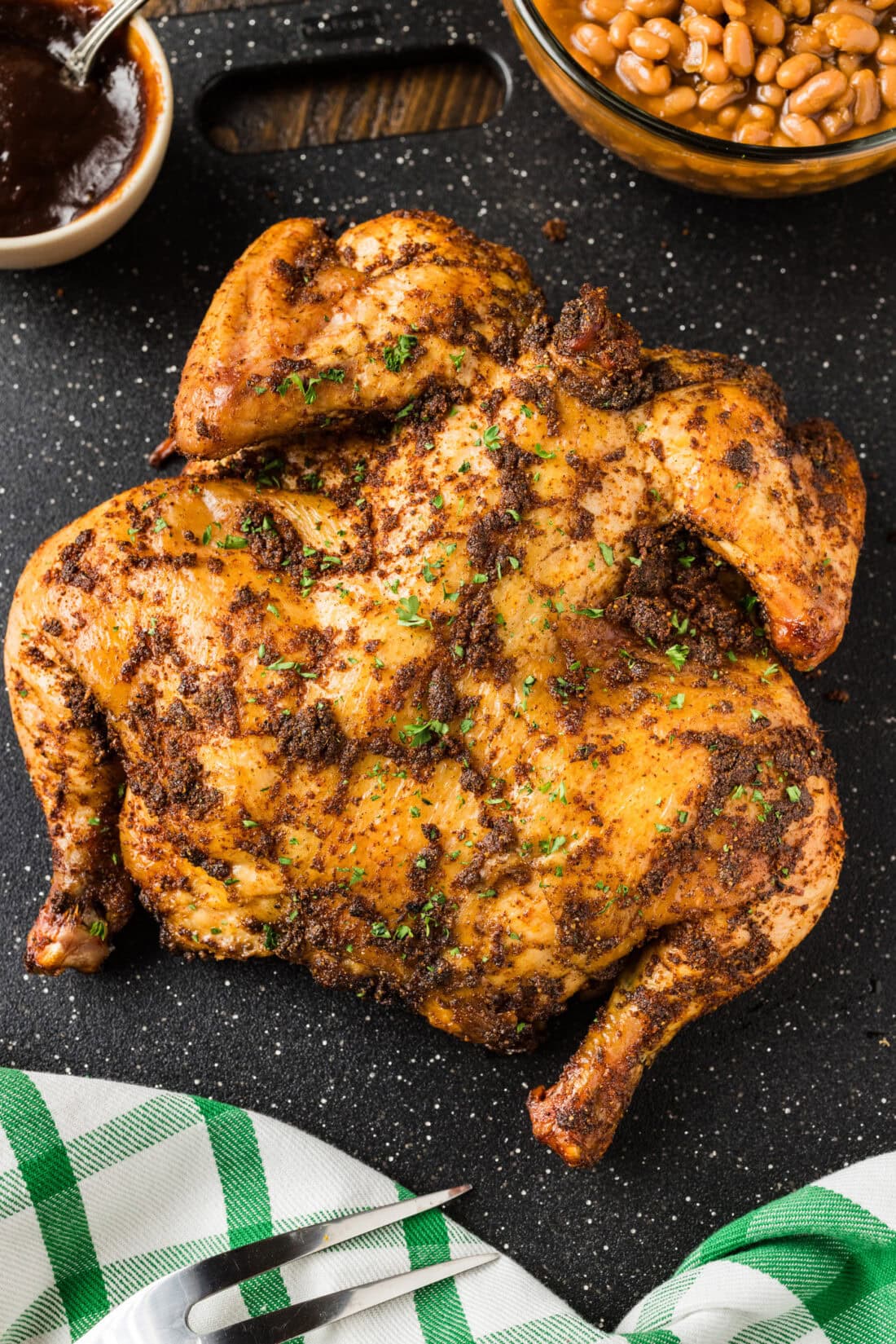 Close up photo of a Smoked Spatchcock Chicken