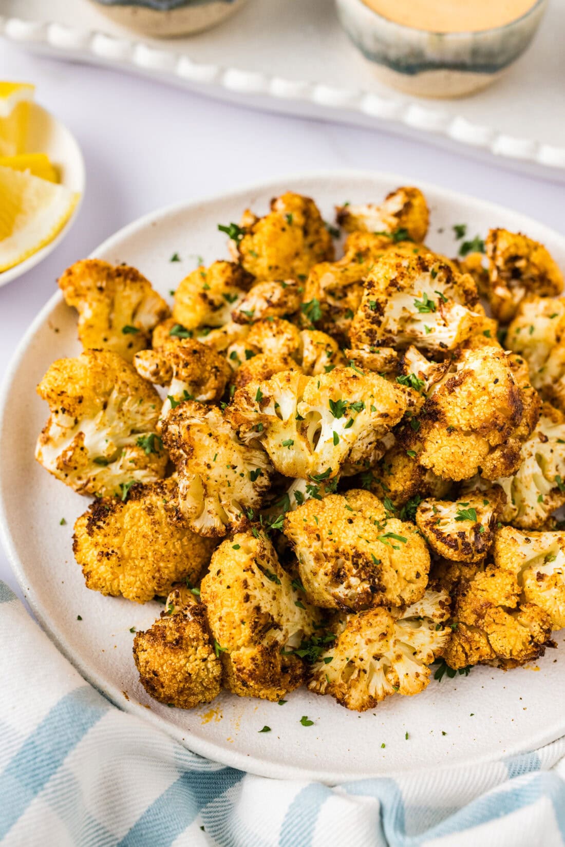 Close up photo of Air Fryer Cauliflower on a plate