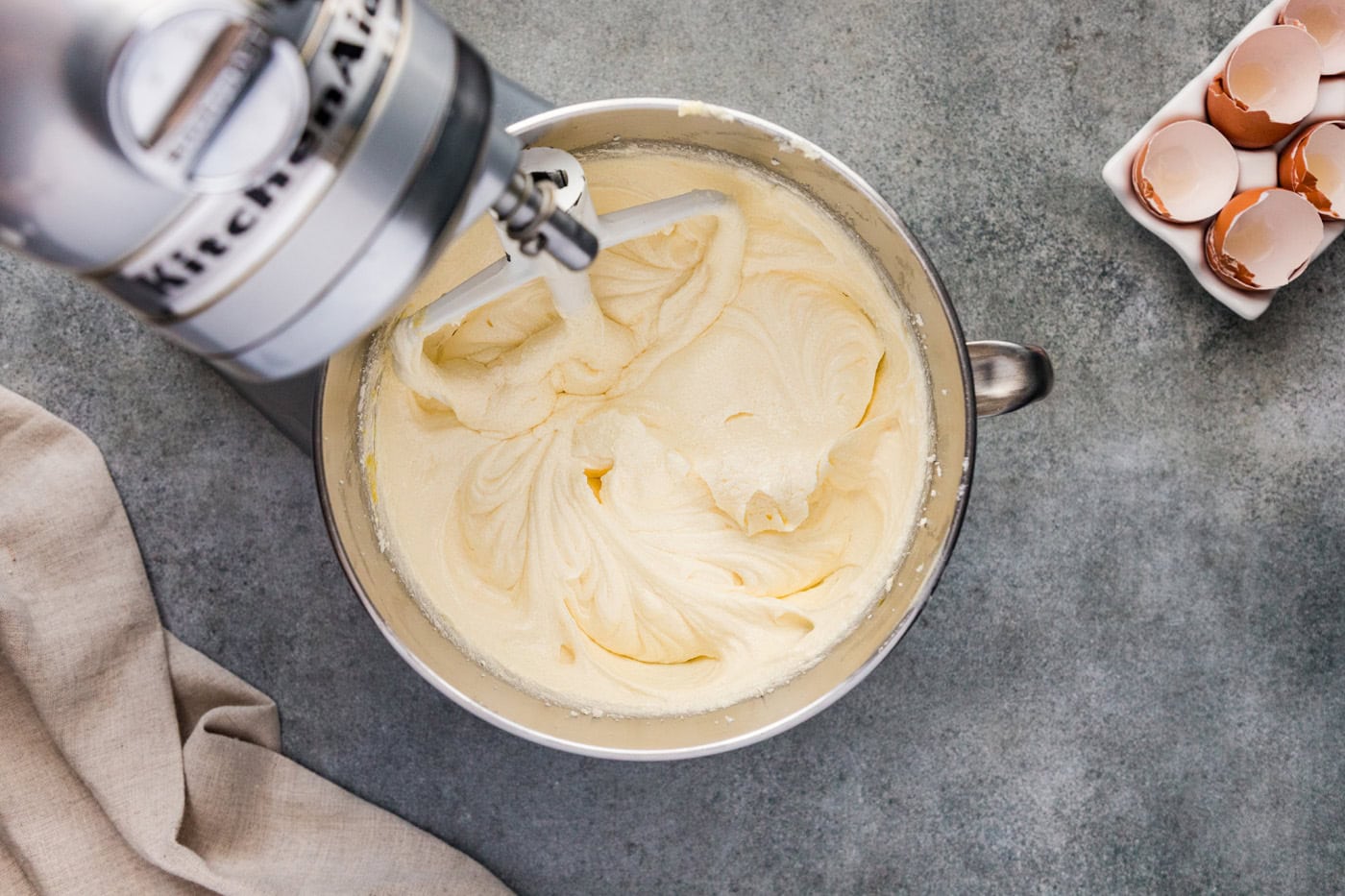 Butter, egg, sugar, and shortening mixture in a stand mixer bowl