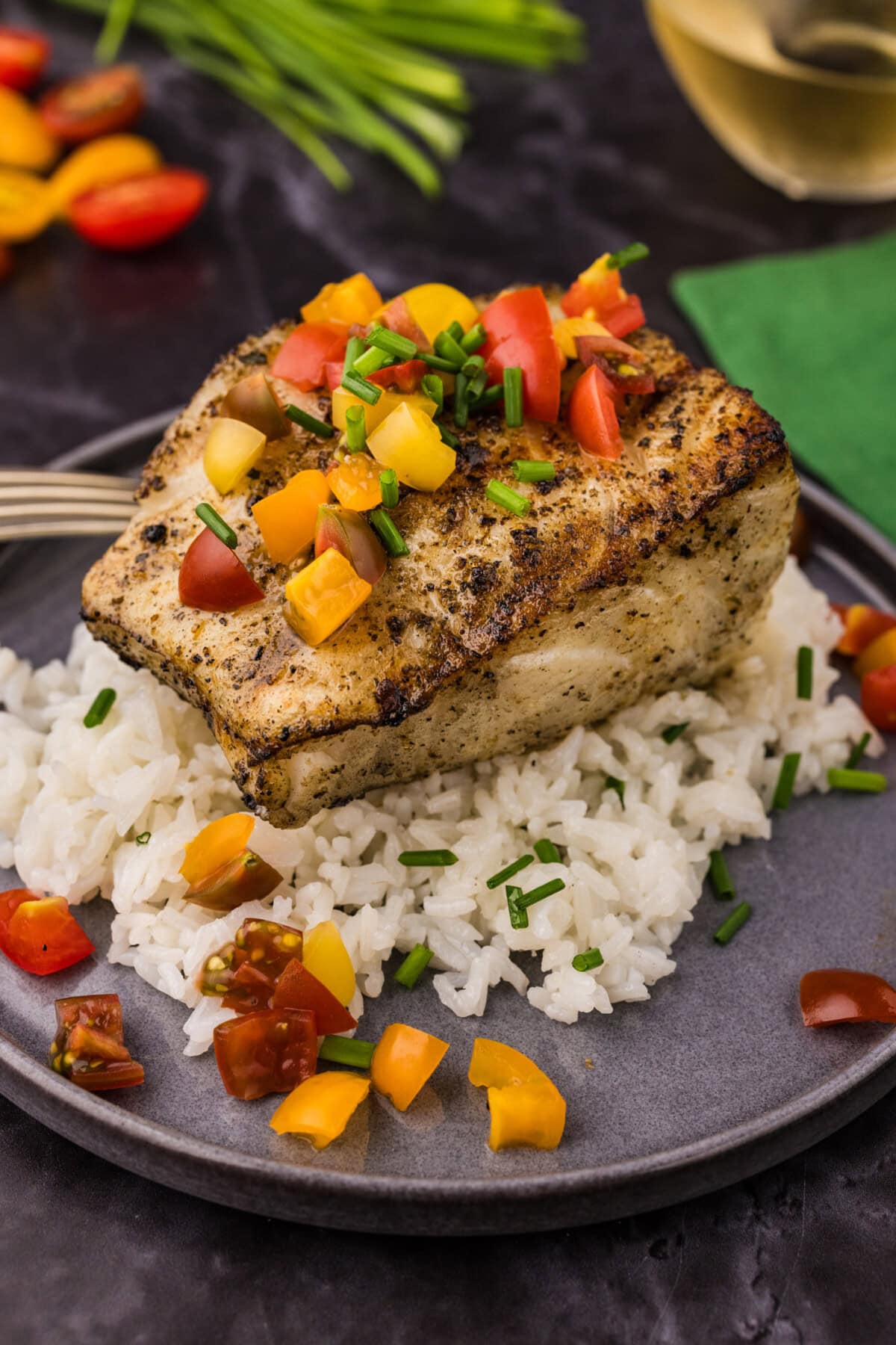 Grilled Chilean Sea Bass over a bed of white rice