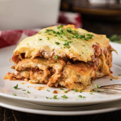 Close up photo of a serving of Italian Lasagna on a plate