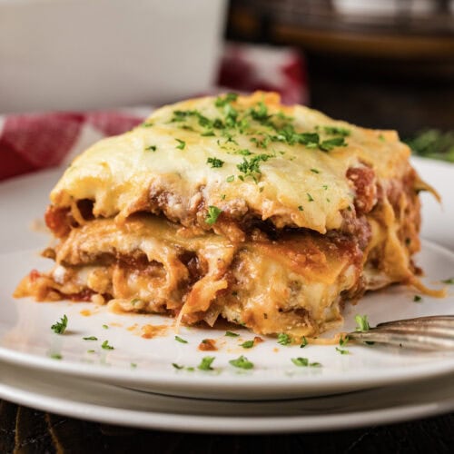 Close up photo of a serving of Italian Lasagna on a plate