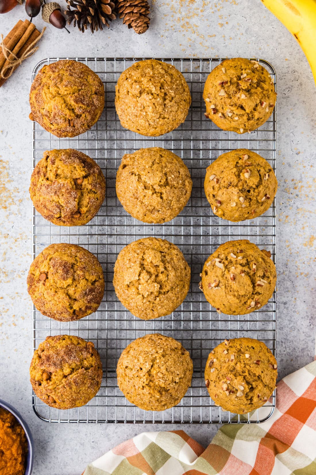 Pumpkin Banana Muffins resting on a wire rack