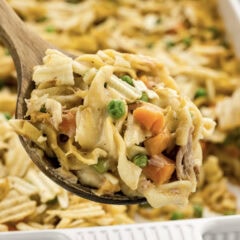 Close up photo of a spoonful of Tuna Casserole