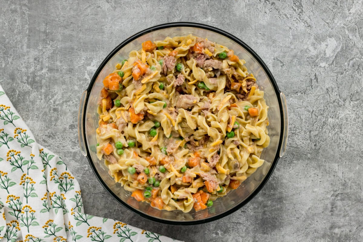 tuna casserole mixture mixed in a large bowl