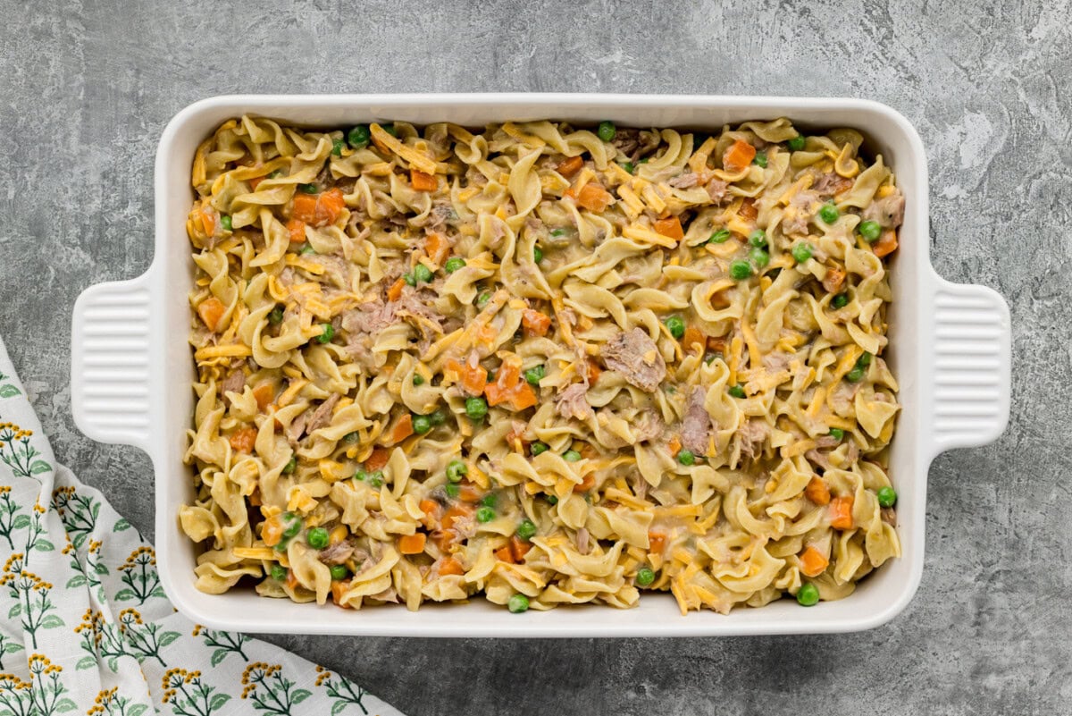 tuna casserole in a baking dish with noodles