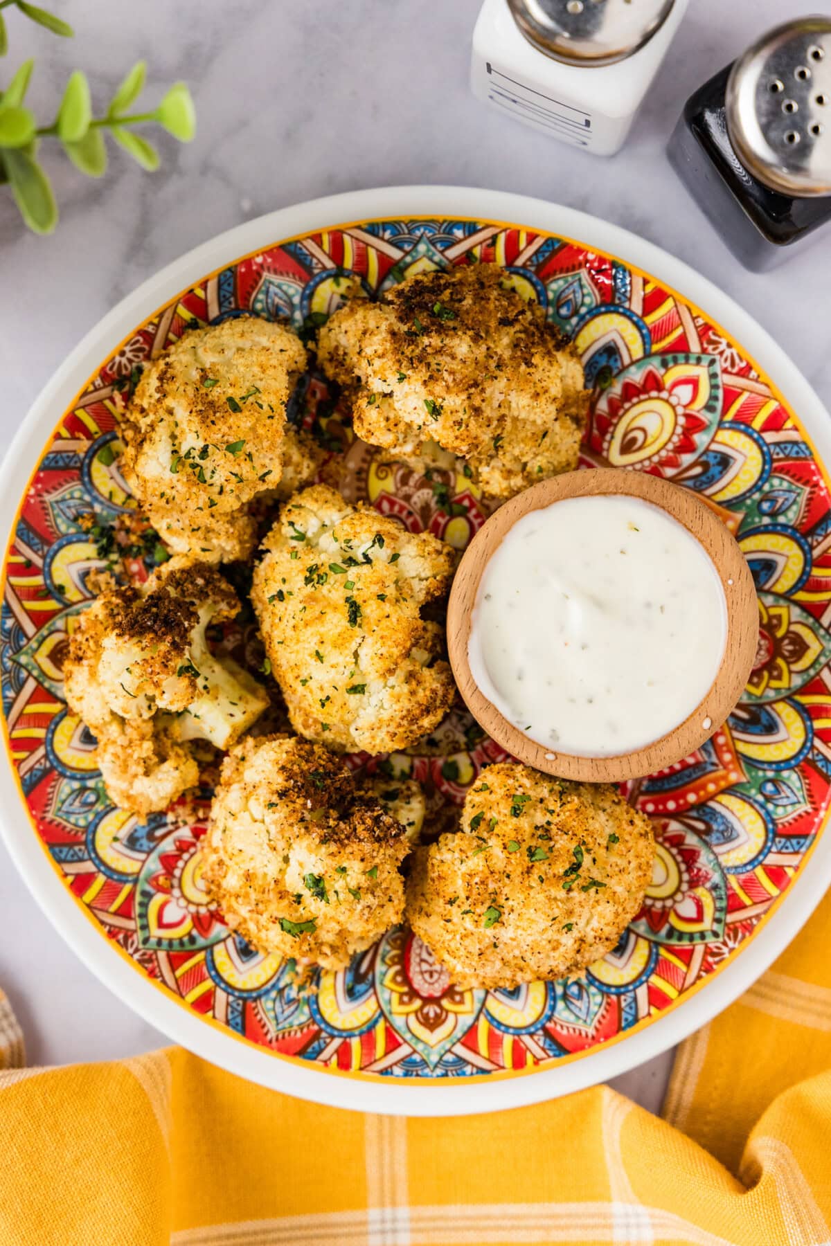 Air Fryer Fried Cauliflower on a plate with ranch