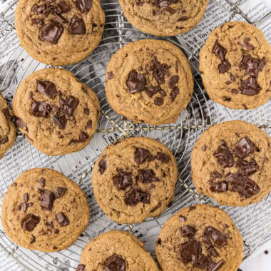 Close up photo of Chocolate Chip Espresso Cookies on a wire rack