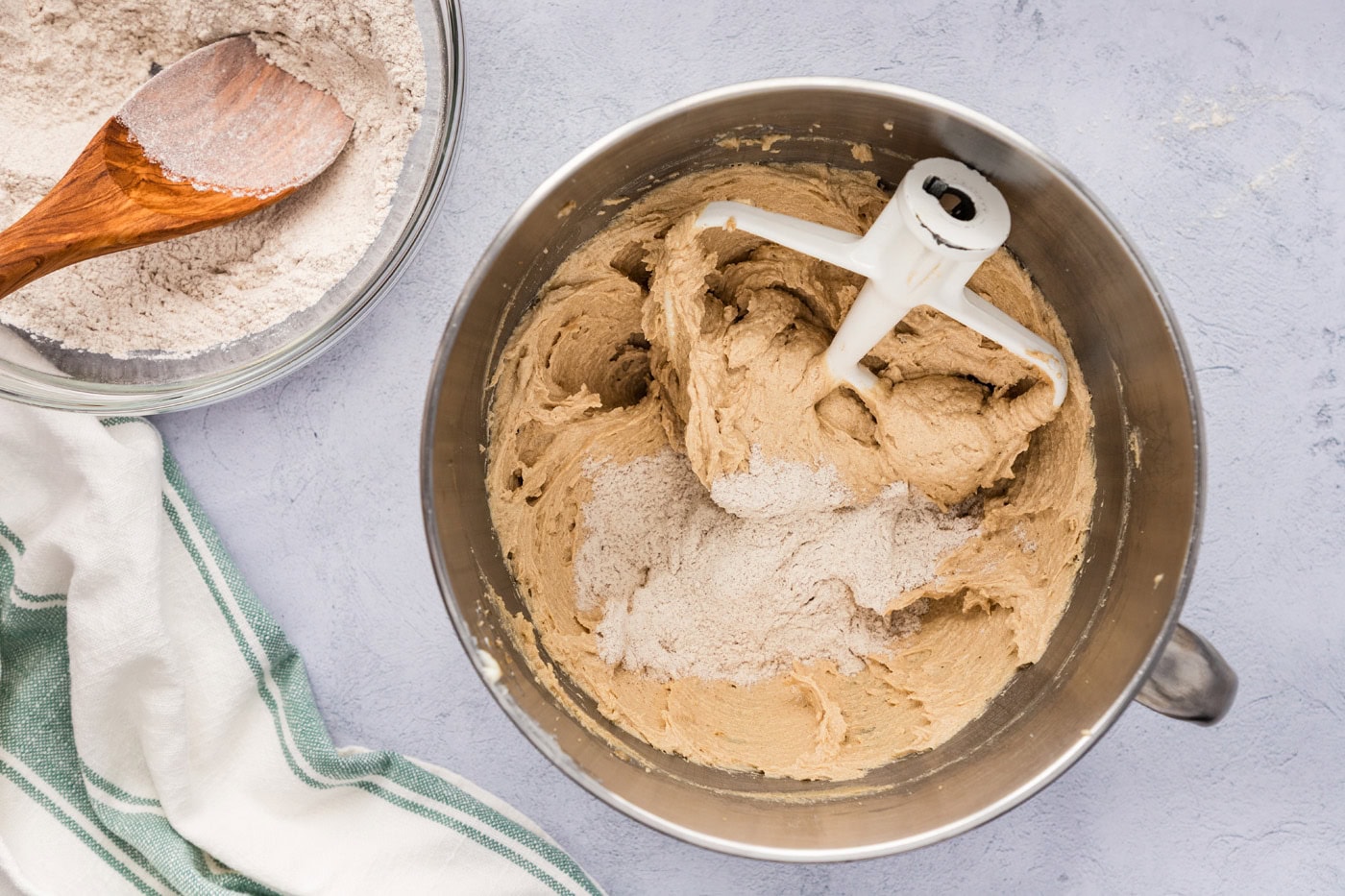 flour mixture added to creamed butter and sugar in a stand mixer bowl
