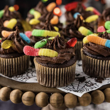 Close up photo of Halloween Dirt Cupcakes on a platter