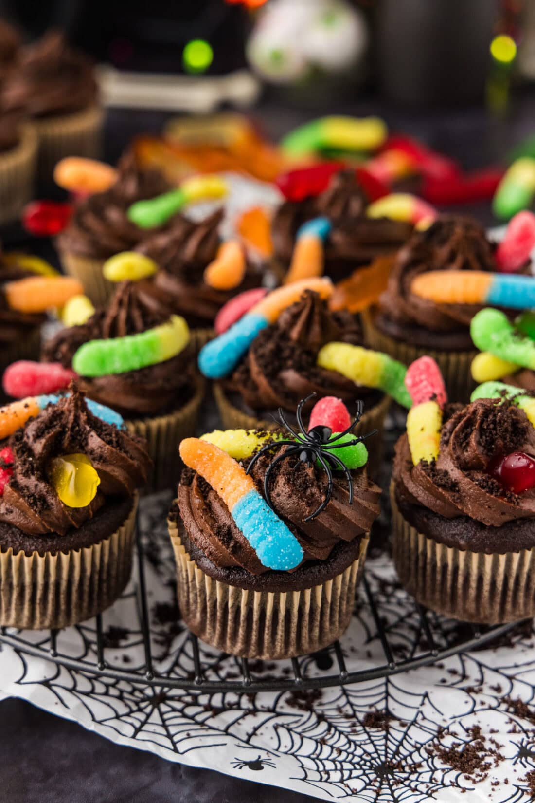 Halloween Dirt Cupcakes on a wire rack