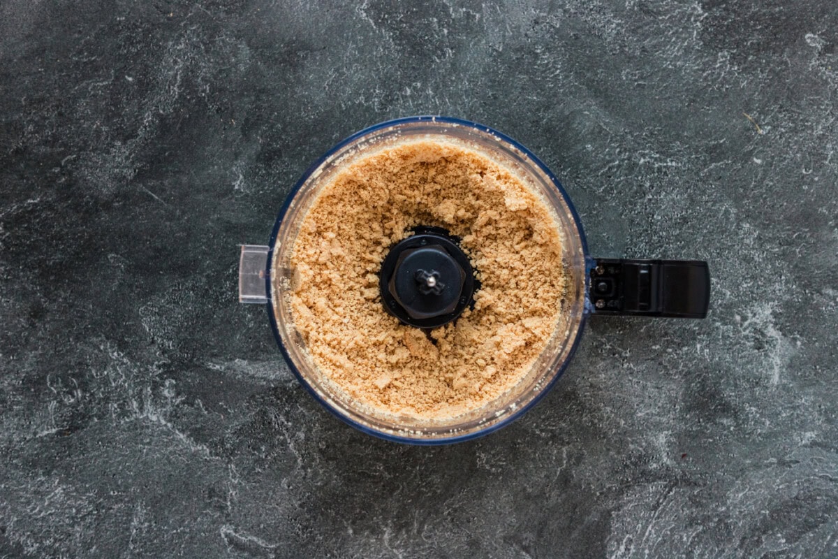 crushed Oreo cookies in a food processor