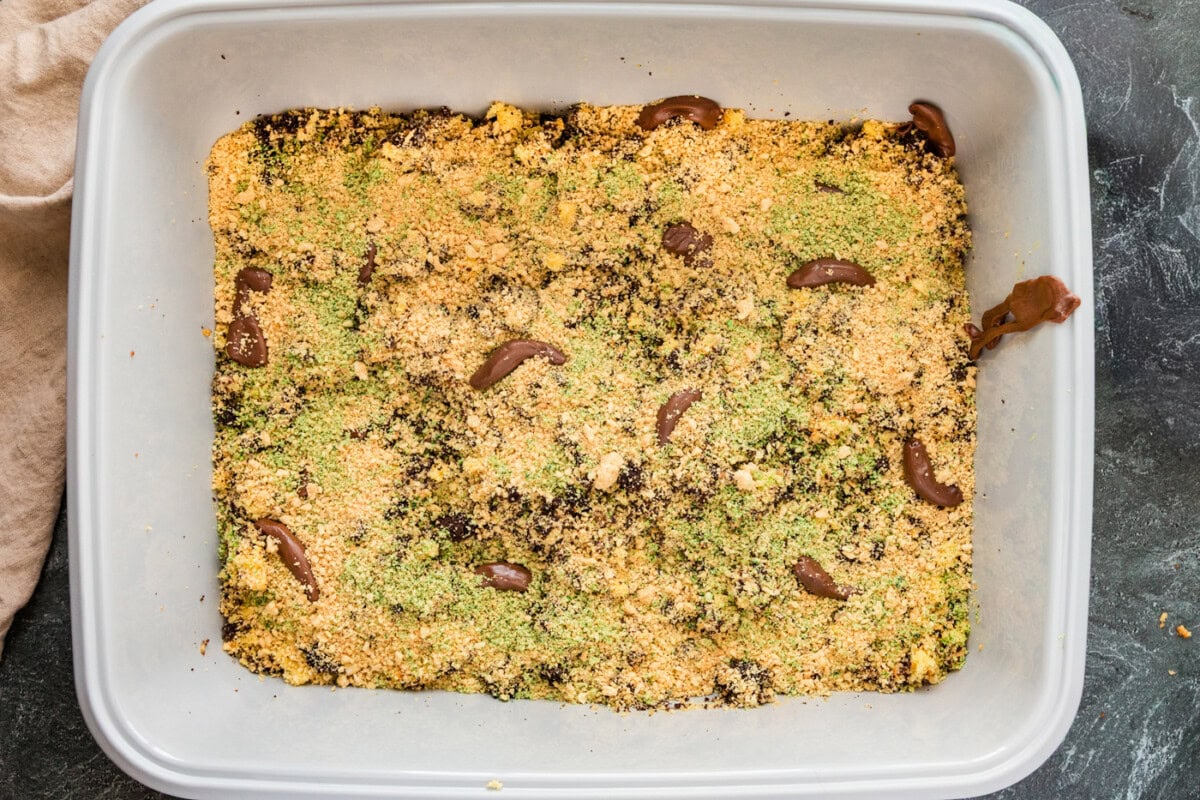 Tootsie rolls added on top of finished kitty litter cake