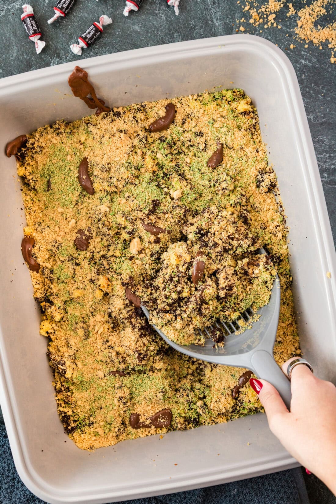 Hand holding a litter scoop in a Kitty Litter Cake