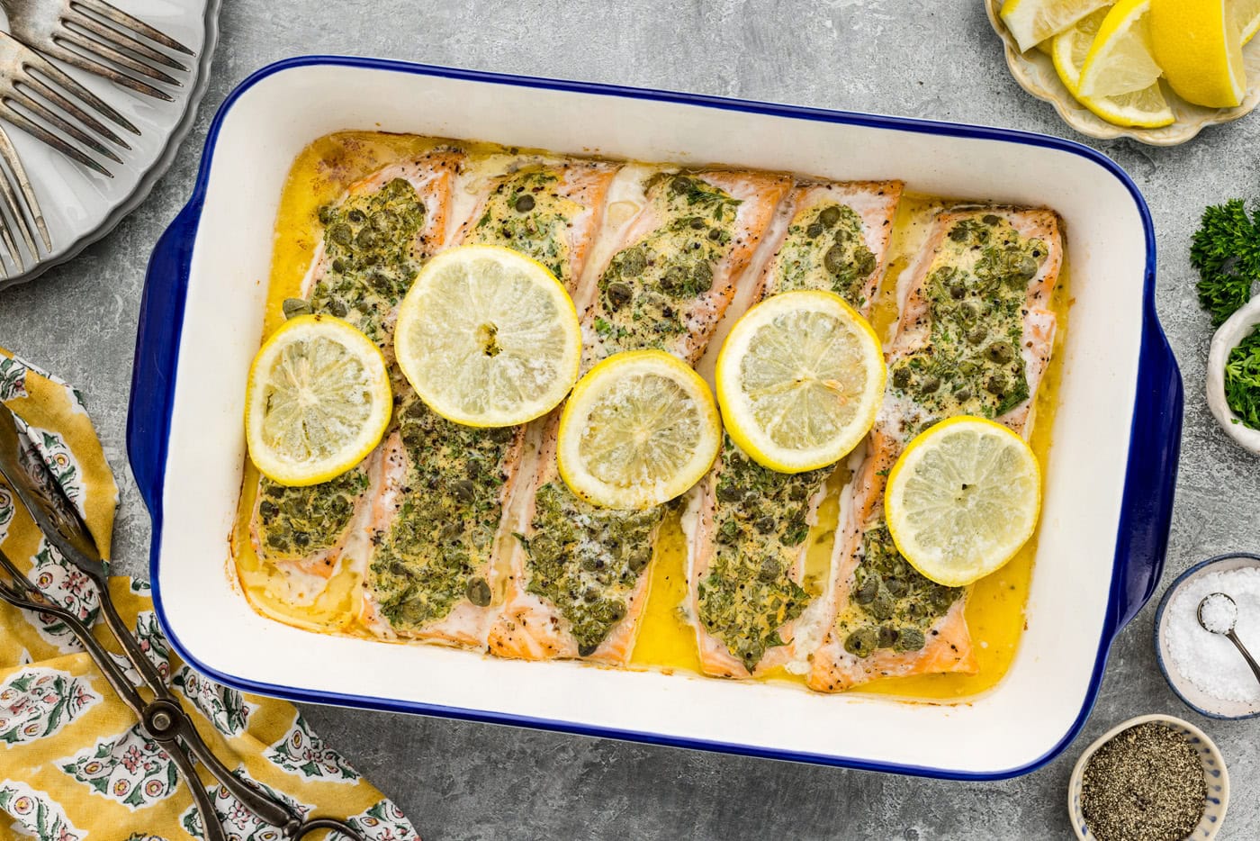 Baked lemon caper salmon in a dish