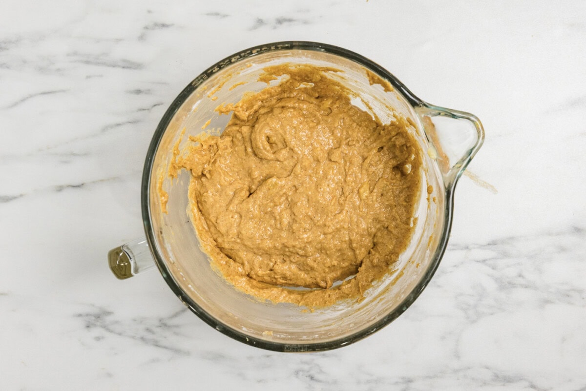 pumpkin banana bread batter in a bowl