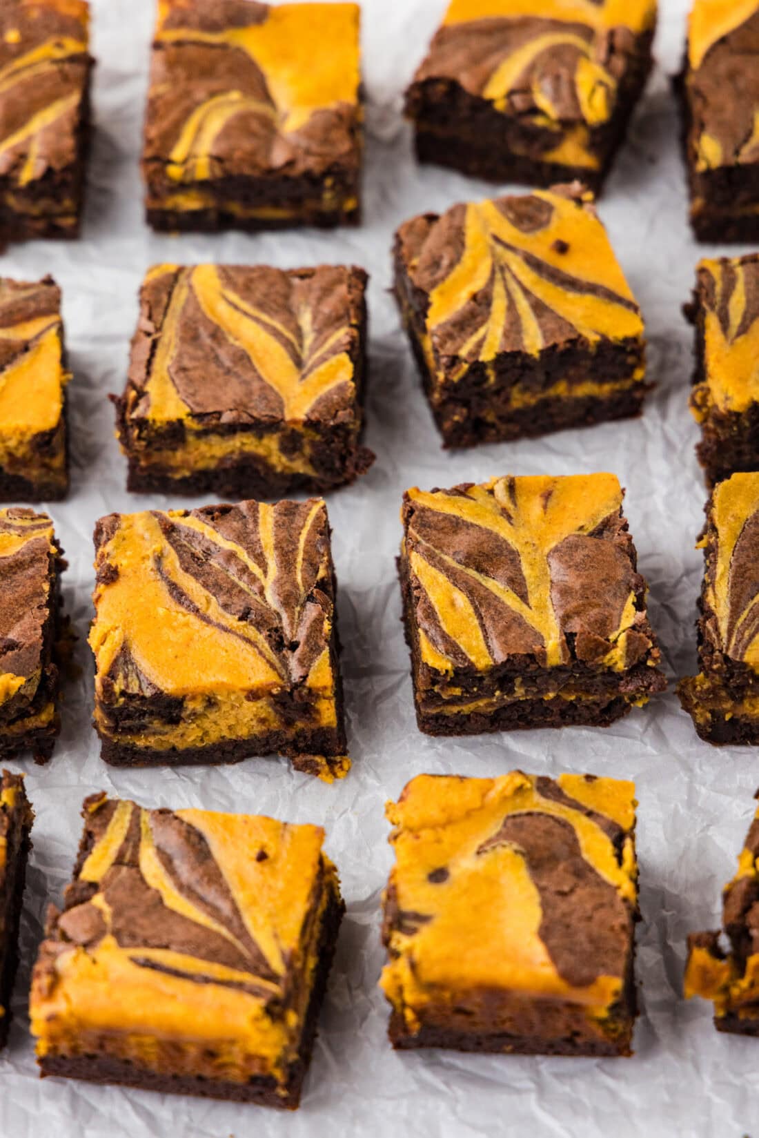 Pumpkin Cheesecake Brownies cut into. squares