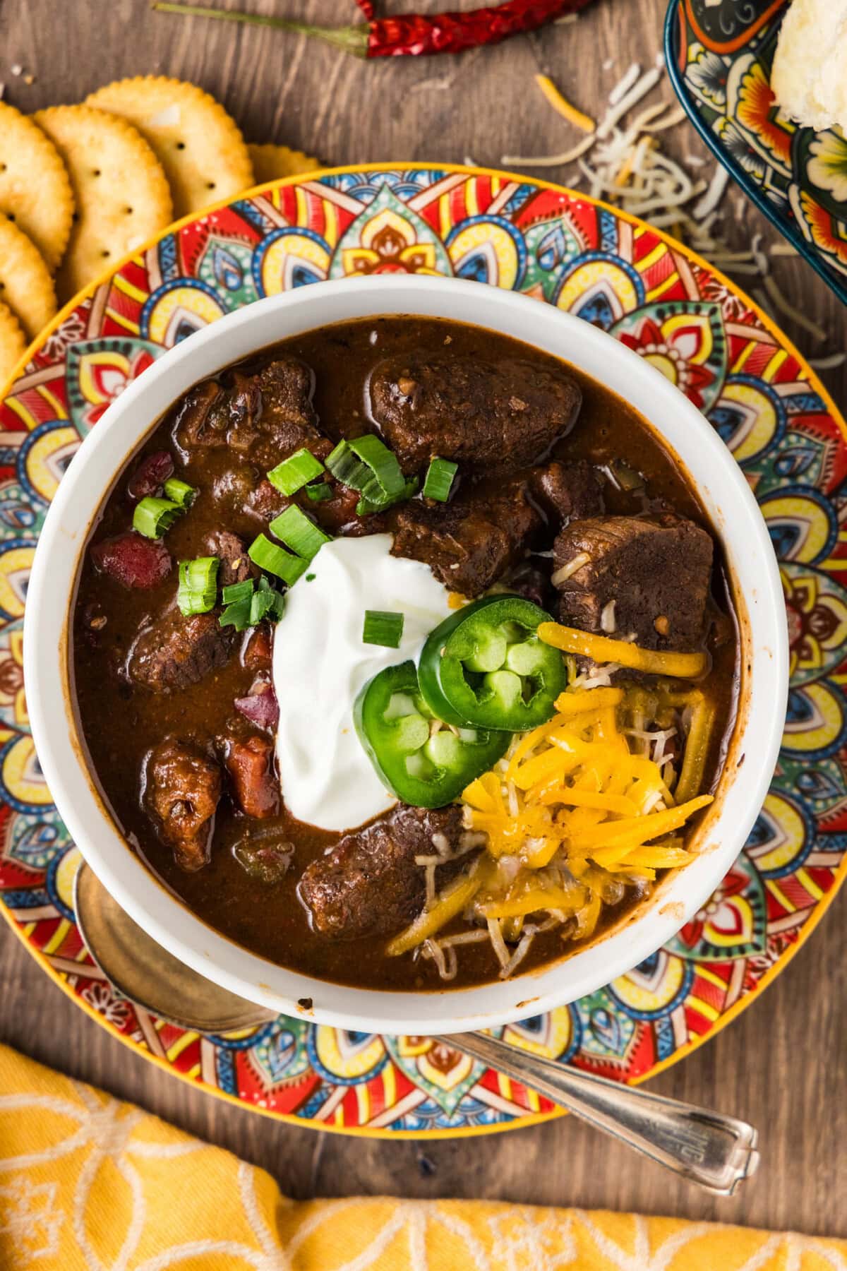 Close up photo of a bowl of Short Rib Chili