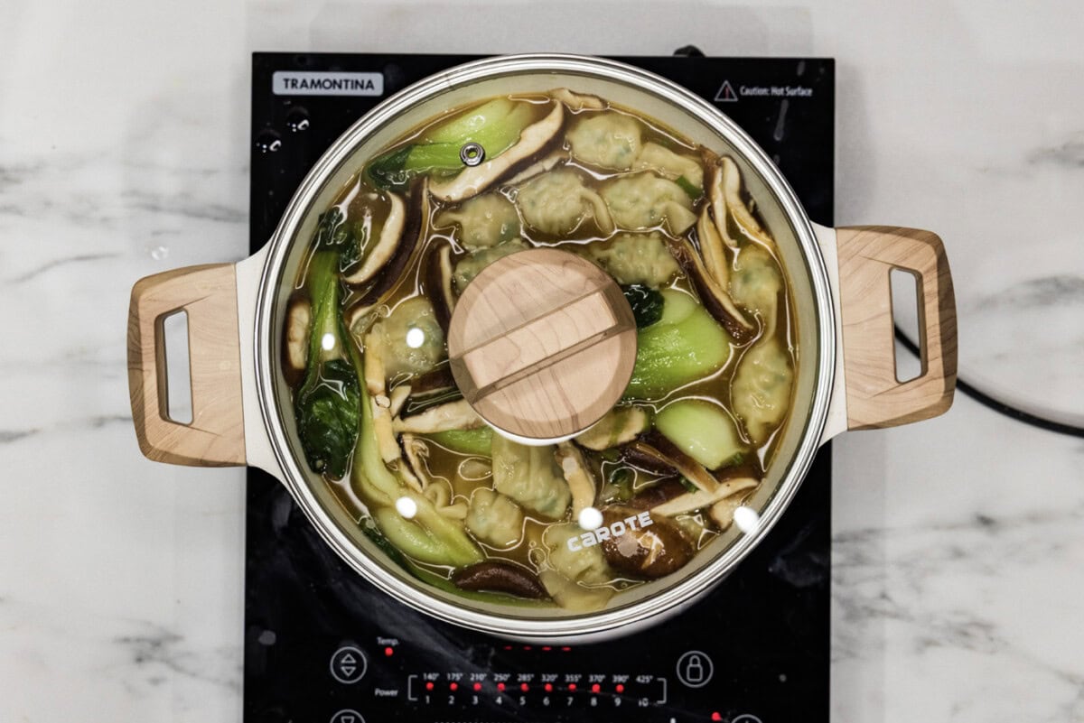 lid on stockpot with wonton soup inside