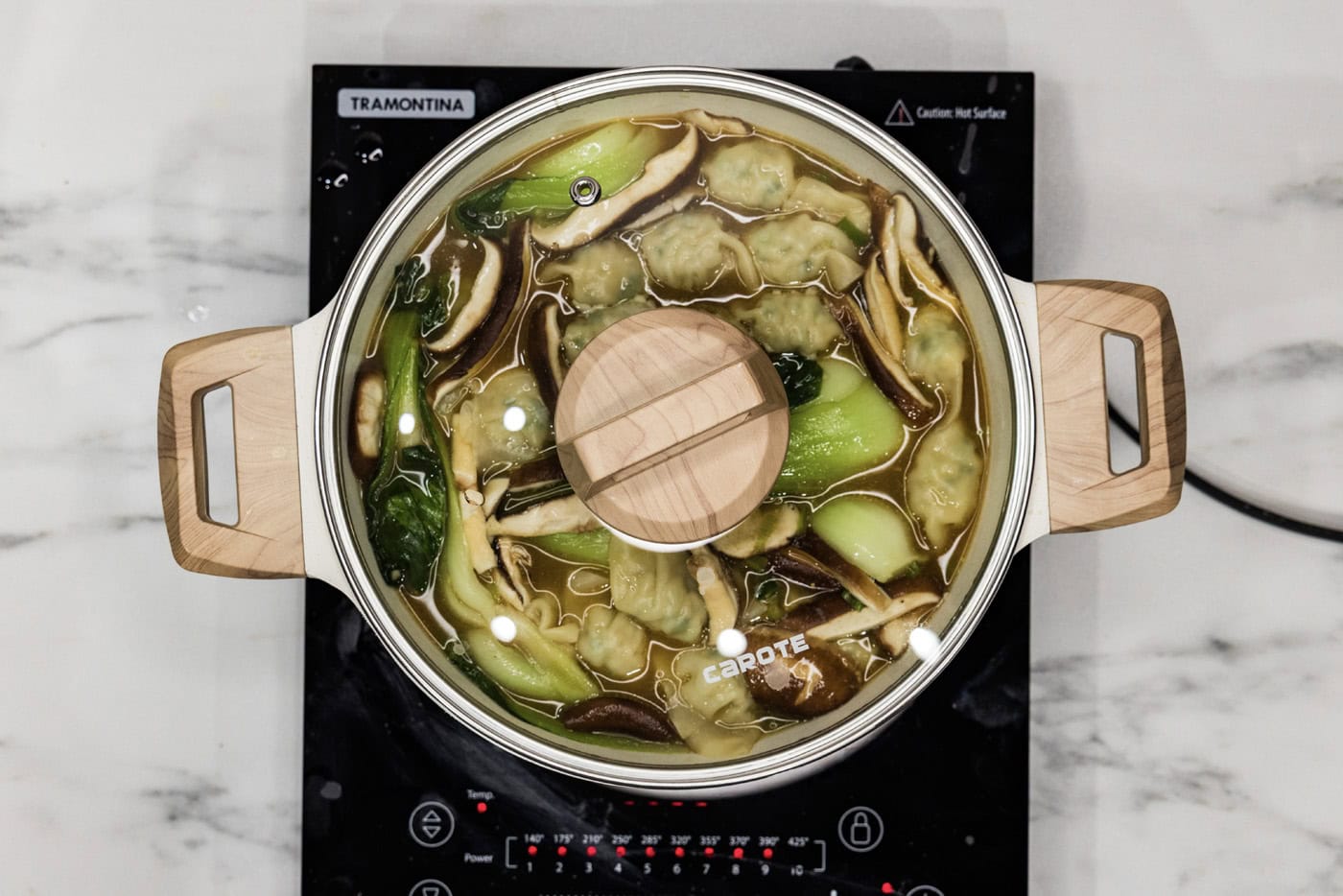 lid on stockpot with wonton soup inside