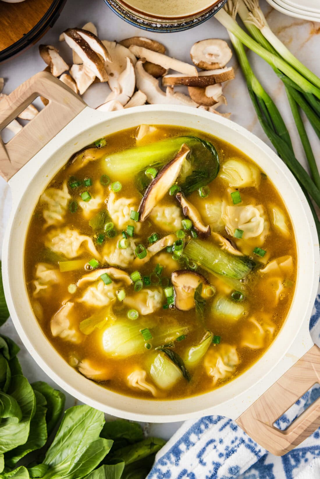 Bowl of Wonton Soup with fresh vegetables around it