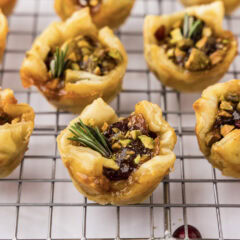 Close up photo of Brie Bites on a wire rack